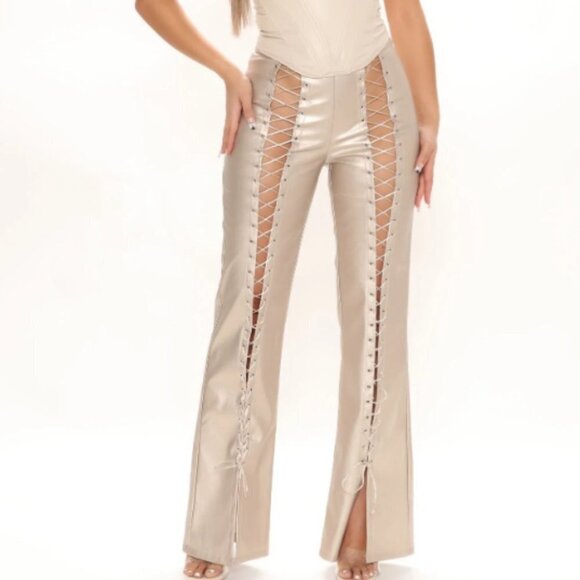 Fashion  Nova Gold High Waist Lace Up Pants Size Large - Picture 1 of 6